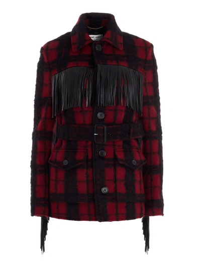 Shop Saint Laurent Tartan Patterned Fringed Jacket In Multi