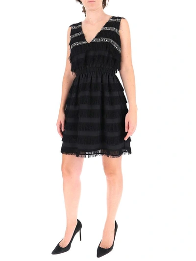 Shop Pinko Embellished Fringed Dress In Black