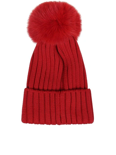 Shop Moncler Logo Pompom Beanie In Red