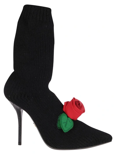 Shop Dolce & Gabbana Knitted Rose Embellished Ankle Boots In Black