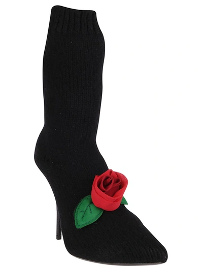 Shop Dolce & Gabbana Knitted Rose Embellished Ankle Boots In Black
