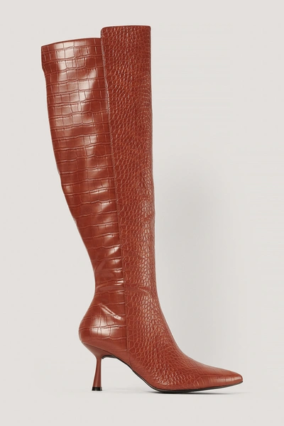 Shop Na-kd Front Seam Knee High Boots - Brown In Brown Croco