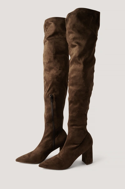 Shop Na-kd Faux Suede Overknee Boots - Brown In Dark Olive