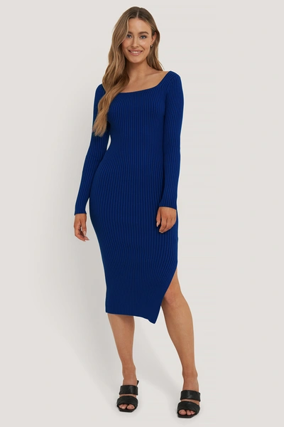Shop Na-kd Square Neck Side Slit Midi Dress - Blue
