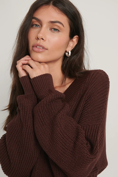 Shop Na-kd Reborn Organic V-neck Rib Knitted Sweater - Burgundy In Dark Brown