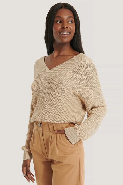 Shop Na-kd Reborn V-neck Rib Knitted Sweater - Beige