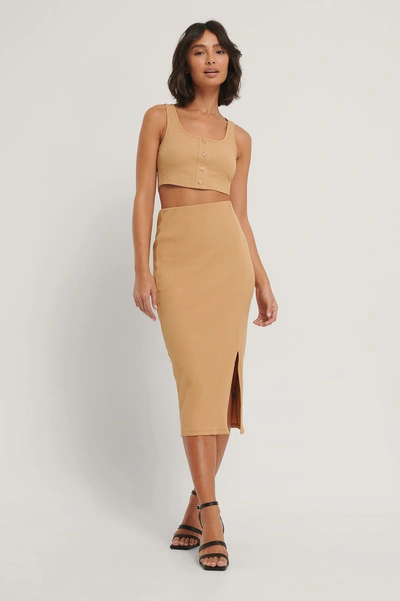Shop Hoss X Na-kd Ribbed Jersey Slit Skirt Beige In Sand