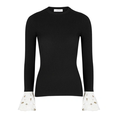 Shop Valentino Monochrome Embellished Ribbed-knit Top In Black