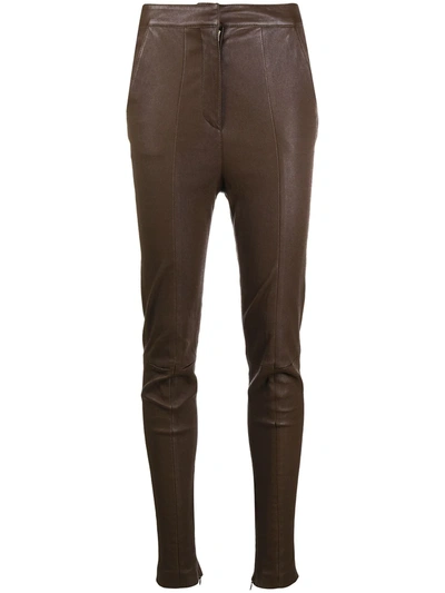 Shop Balmain High-waisted Leather Skinny Trousers In Brown