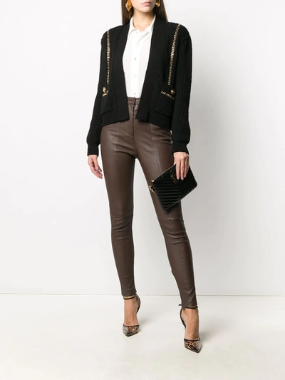 Shop Balmain High-waisted Leather Skinny Trousers In Brown