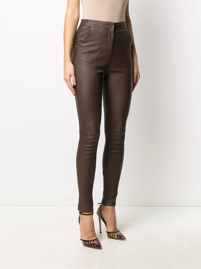 Shop Balmain High-waisted Leather Skinny Trousers In Brown