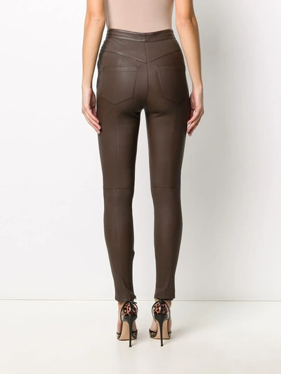 Shop Balmain High-waisted Leather Skinny Trousers In Brown