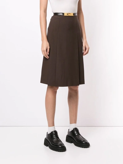 Pre-owned Celine  Box-pleated Belted Skirt In Brown