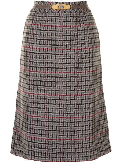 Pre-owned Celine  Checked Belted Skirt In Grey