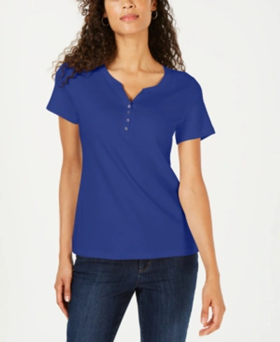 Shop Karen Scott Short Sleeve Henley Top, Created For Macy's In Ultra Blue