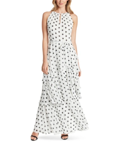 Shop Tahari Asl Dot-printed Tiered Chiffon Gown In White/black
