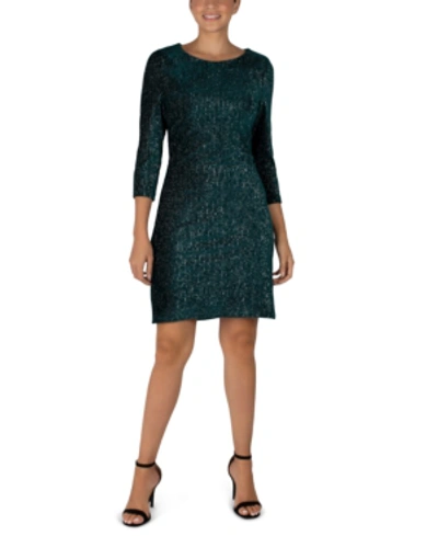 Shop Julia Jordan 3/4-sleeve Shiny Textured Velvet Sheath Dress In Emerald/silver