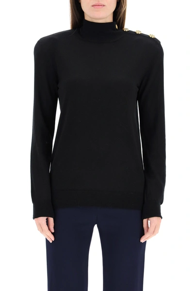 Shop Balmain Turtleneck With Golden Buttons In Noir