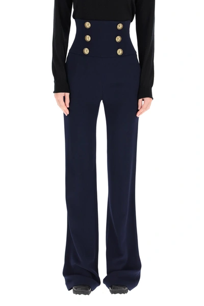 Shop Balmain High Waisted Pants With Embossed Buttons In Marine