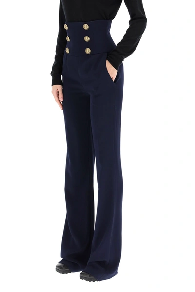 Shop Balmain High Waisted Pants With Embossed Buttons In Marine