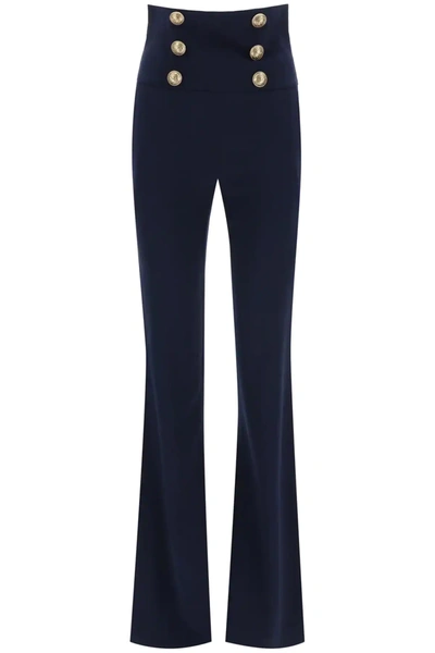 Shop Balmain High Waisted Pants With Embossed Buttons In Blue
