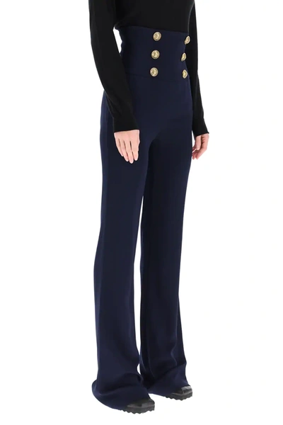 Shop Balmain High Waisted Pants With Embossed Buttons In Blue