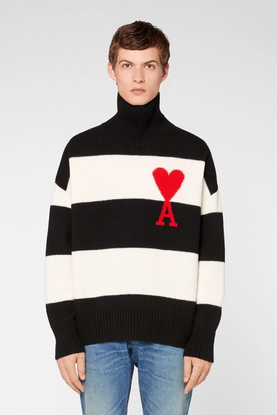 Shop Ami Alexandre Mattiussi Ami De Coeur Oversize Funnel Neck Striped Sweater In Black