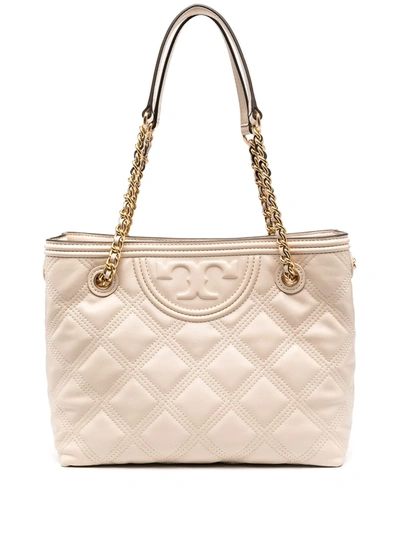 Shop Tory Burch Diamond Quilted Logo Tote In Neutrals