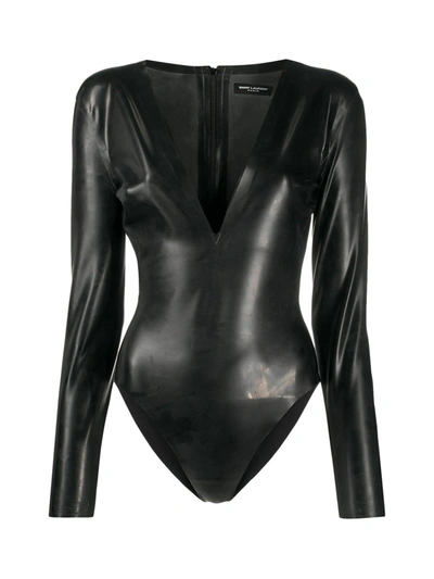 Shop Saint Laurent V-neck Latex Bodysuit In Black