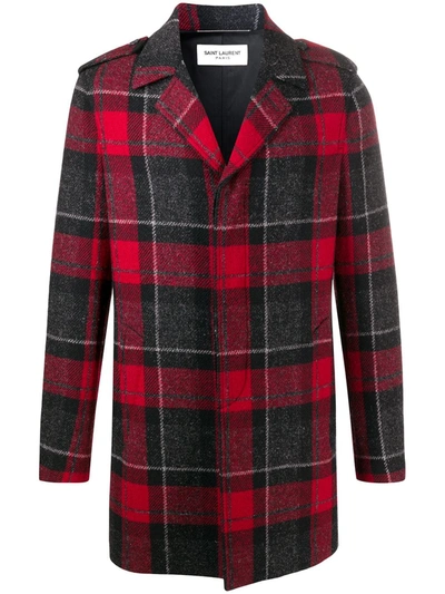 Shop Saint Laurent Tartan Single-breasted Wool Coat In Red