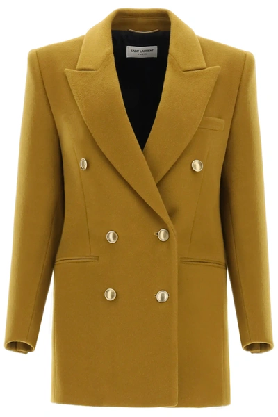 Shop Saint Laurent Double Breasted Wool And Cashmere Jacket In Green,yellow,gold