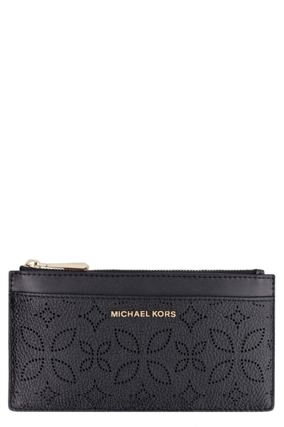 Shop Michael Michael Kors Logo Detail Leather Card Holder In Black