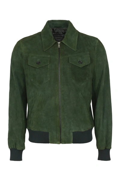 Shop Prada Suede Bomber Jacket In Green
