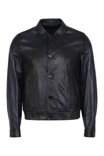 Shop Prada Leather Jacket In Blue
