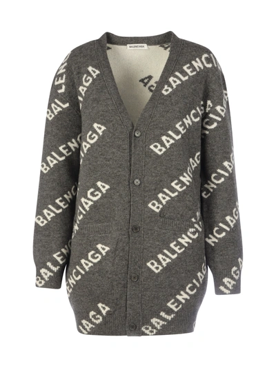 Shop Balenciaga Knit Logo All Over In Dark Grey White