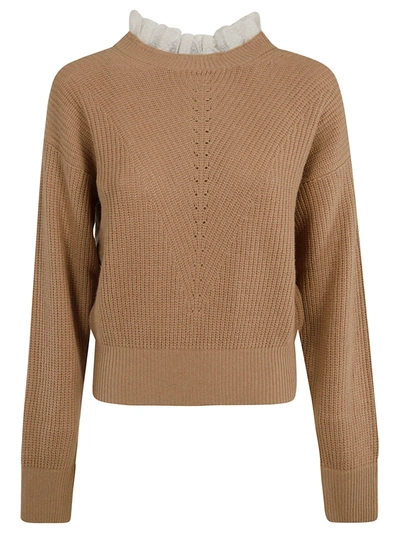 Shop Red Valentino Ribbed Knit Ruffled Neck Sweater In Camel
