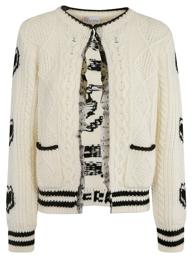 Shop Red Valentino Laced Detail Rib Knit Cardigan In Ivory/black