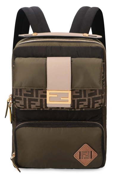 Shop Fendi Leather Details Nylon Backpack In Green