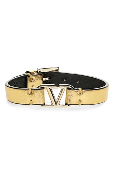 Shop Valentino Vlogo Leather Bracelet In Champagne