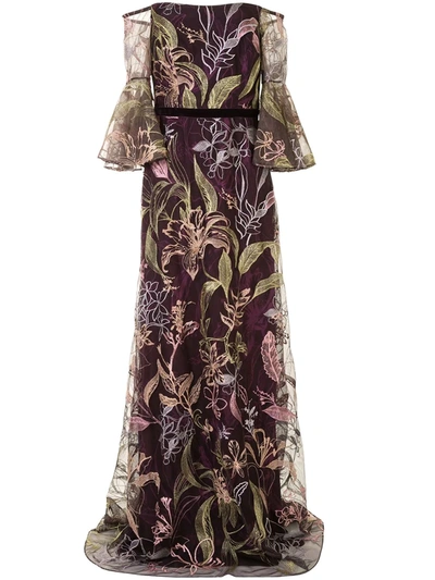 Shop Marchesa Notte Floral Embroidered Off-shoulder Gown In Purple ,multicolour