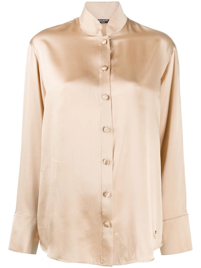 Shop Balmain Long-sleeved Silk Shirt In Brown