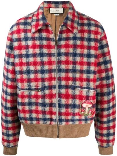 Shop Gucci Check Print Embroidered Jacket In Red