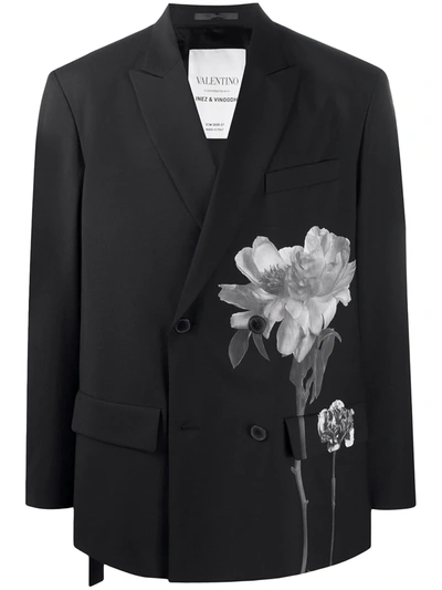 Shop Valentino Floral-print Oversized Blazer In Black