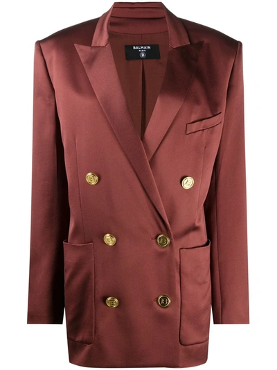Shop Balmain Structured-shoulders Double-breasted Blazer In Brown