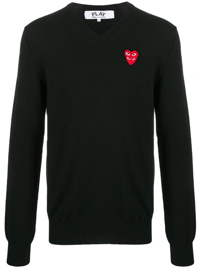 Shop Comme Des Garçons Play V-neck Logo-patch Knit Jumper In Black