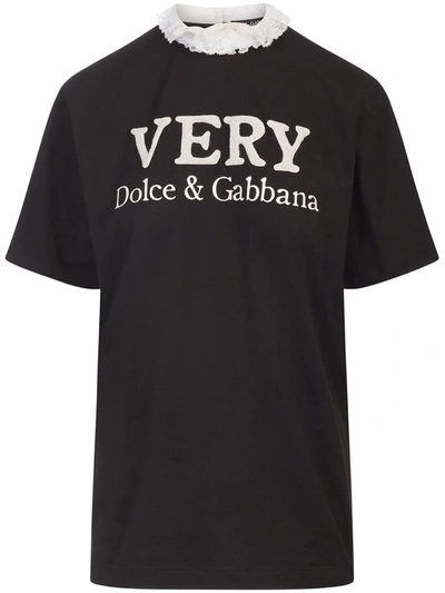 Shop Dolce & Gabbana Very Ruffled-neck Logo T-shirt In Black