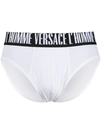 Shop Versace Logo Waistband Briefs In White