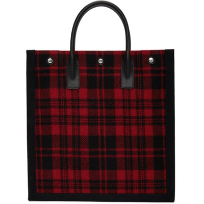 Shop Saint Laurent Red Tartan 'rive Gauche' Noe Tote In 6461 Redblk