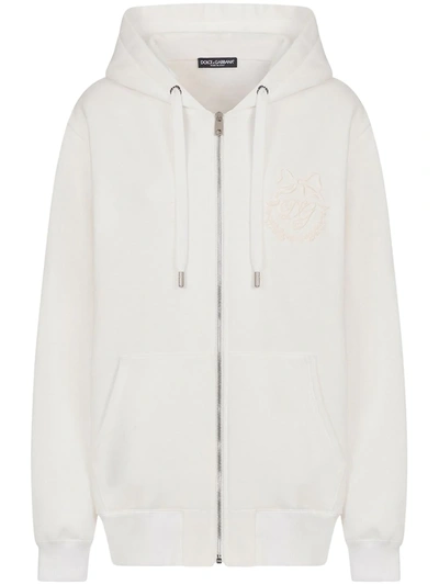 Shop Dolce & Gabbana Logo-embroidered Zip-front Hoodie In White