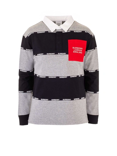 Shop Burberry Logo Striped Polo Shirt In Grey And Black